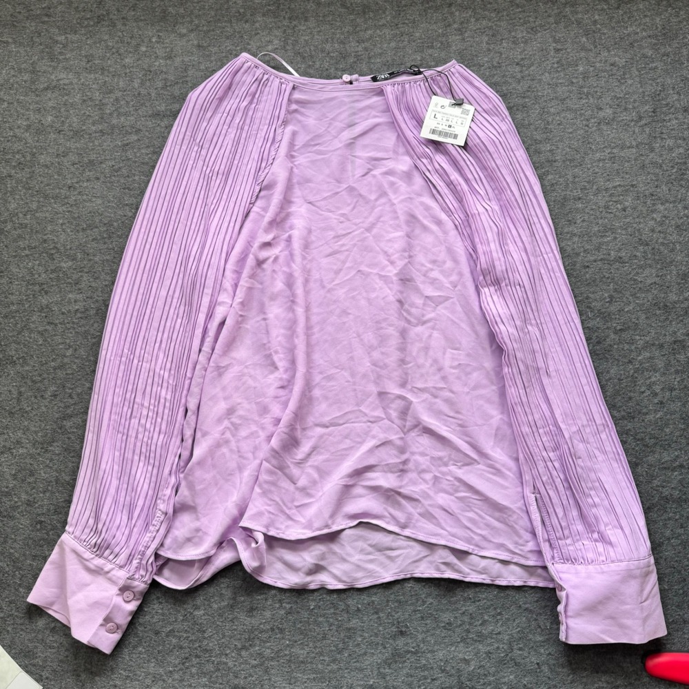 New Zara Women Lavender Purple Pleated Sleeve Blouse Top Large Preppy Boho